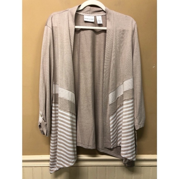 ALFRED DUNNER 3/4 Sleeve Lightweight Cardigan Open Front Beige Striped Sz L NWT - Picture 1 of 5